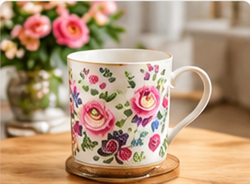 Floral Ceramic Coffee Mug — photographic-style illustration